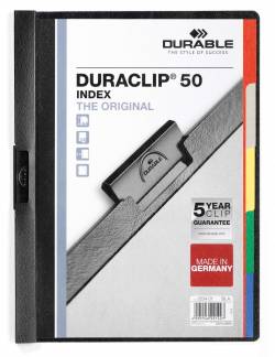 Klemmappe duraclip&reg; index 50 a4 Den originale DURACLIP mappe med integreret 5-delt farvet indeks. Kapacitet: 1-50 A4-ark