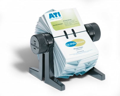 Rotationsmappe visifix® cubo® Rotationsmappe komplet med 150 lommer og et 25-delt A-Z-indeks til 300 visitkort. Dimensioner: 21,5x12,0x18,5 cm (BxHxD)