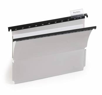 H&aelig;ngemappe med fastholdelsesstropper i siden a4 Vinklet, stabil plastoph&aelig;ngsskinne, 60 mm titelfane, blanke indstik og fortrykte A-Z indstik. Fremstillet af rivefast polypropylen.