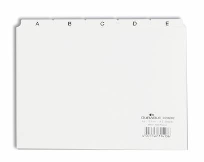 Guide indekskort a5 opdeling 5/5 a-z trykte faner pp Format: A5 H&oslash;jdexBredde: 148 x 210 mm Materialetykkelse: 0,3 mm Fanebredde: 40 mm