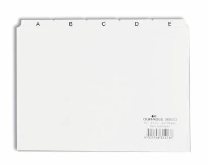 Guide indekskort a5 opdeling 5/5 a-z trykte faner pp Format: A5 H&oslash;jdexBredde: 148 x 210 mm Materialetykkelse: 0,3 mm Fanebredde: 40 mm