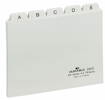 Guide indekskort a6 opdeling 5/5 a-z trykte faner pp Format: A6 H&oslash;jdexBredde: 105 x 148 mm Materialetykkelse: 0,3 mm Fanebredde: 25 mm