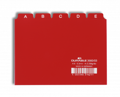 Guide indekskort a6 opdeling 5/5 a-z trykte faner pp Format: A6 H&oslash;jdexBredde: 105 x 148 mm Materialetykkelse: 0,3 mm Fanebredde: 25 mm