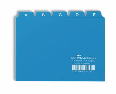 Guide indekskort a6 opdeling 5/5 a-z trykte faner pp Format: A6 H&oslash;jdexBredde: 105 x 148 mm Materialetykkelse: 0,3 mm Fanebredde: 25 mm
