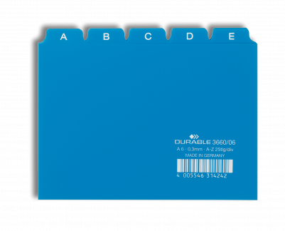Guide indekskort a6 opdeling 5/5 a-z trykte faner pp Format: A6 H&oslash;jdexBredde: 105 x 148 mm Materialetykkelse: 0,3 mm Fanebredde: 25 mm