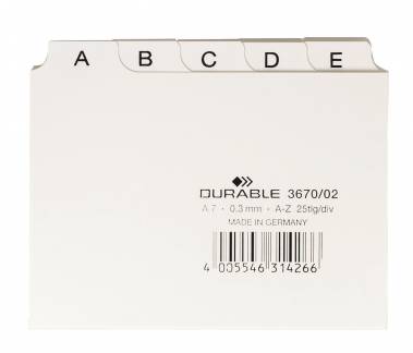 Guide indekskort a7 opdeling 5/5 a-z trykte faner pp Format: A7 H&oslash;jdexBredde: 74 x 105 mm Materialetykkelse: 0,3 mm Fanebredde: 20 mm