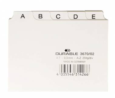 Guide indekskort a7 opdeling 5/5 a-z trykte faner pp Format: A7 H&oslash;jdexBredde: 74 x 105 mm Materialetykkelse: 0,3 mm Fanebredde: 20 mm