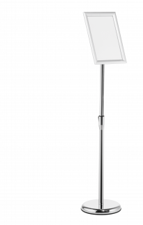 Gulvskilt med klikramme a4 Gulvskilt med klikramme i A4 format. Den kan justeres i højden og læsevinklen og kan drejes til stående eller liggende format.