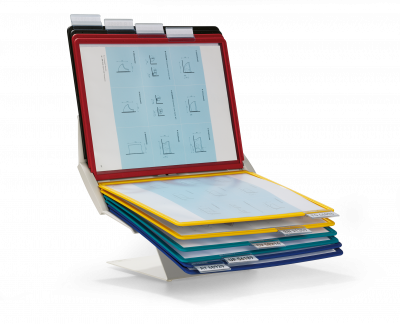 Vario® pro 10 Komplet multifunktionelt registersystem med stativ som kan bruges på væggen eller bordet och i stående eller liggende format. Incl. 10 A4-lommer i polypropylen.