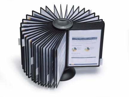 Registersystem sherpa&reg; carousel table 40 Roterende displaysystem komplet med 40 sorte A4-displaypaneler, 40 indeksfaner og en v&aelig;gtet, skridsikker base.