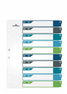 Printbart register a4+ 10-delt 1-10 farve+indsats pp Holdbart register lavet af PP-plast med udskiftelig indholdsfortegnelse, der udskrives fra en printer.
