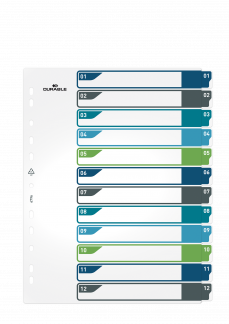 Printbart register a4+ 12-delt 1-12 farve+indsats pp Holdbart register lavet af PP-plast med udskiftelig indholdsfortegnelse, der udskrives fra en printer.