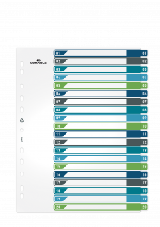 Printbart register a4+ 20-delt 1-20 farve+indsats pp Holdbart register lavet af PP-plast med udskiftelig indholdsfortegnelse, der udskrives fra en printer.