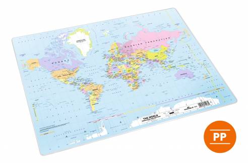 Skriveunderlag 500x380 mm med verdenskort pp Skriveunderlag i PP med motiv af verdenskort