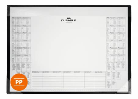 Skriveunderlag 600x430 mm med kalender pp Skriveunderlag i PP med limet kalenderblok med 2-&aring;rs oversigt.