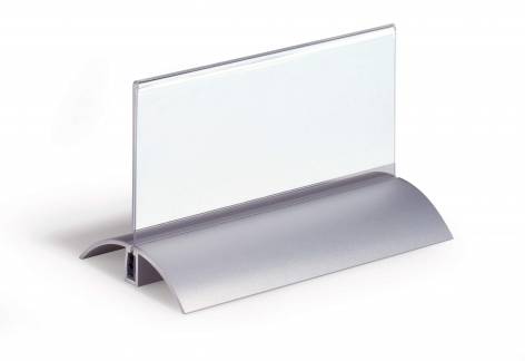 Bordskilteholder presenter de luxe 61x150 mm stilren bordskilte i klar akryl, l&aelig;seligt fra begge sider. Fod af aluminium. 2 stk/pk