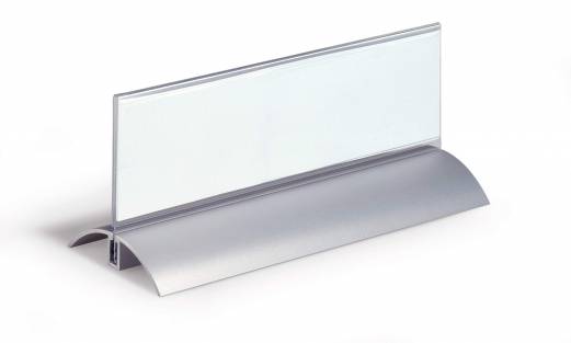 Bordskilteholder presenter de luxe 61x210 mm stilren bordskilte i klar akryl, l&aelig;seligt fra begge sider. Fod af aluminium. 2 stk/pk