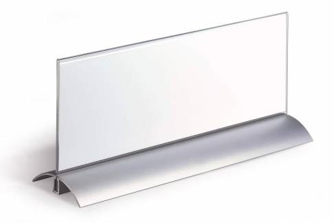 Bordskilteholder presenter de luxe 105x297 mm stilren bordskilte i klar akryl, l&aelig;seligt fra begge sider. Fod af aluminium. 1 stk/pk
