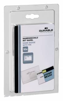 Navneskilt m n&aring;l 40x75 mm lille pakke Navneskilt af robust plast med sikkerhedsn&aring;l. 10 stk.