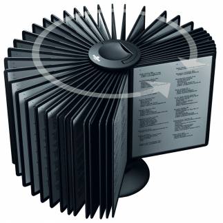 Registersystem sherpa® carousel table 40 Roterende displaysystem komplet med 40 sorte A4-displaypaneler, 40 indeksfaner og en vægtet, skridsikker base.