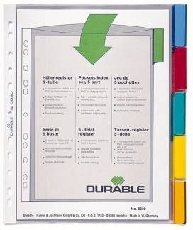 Plastlommeregister 5 Lommeregister i kraftig plast med dobbelte faner, hvor fanepapiret kan udskiftes.