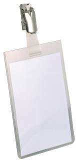 Navneskilt m stropklemme 90x60 mm Navneskilt af robust plast med stropklemme der samtidigt lukker åbningen på lommen. Højformat.