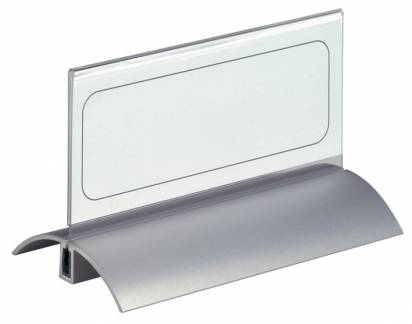 Bordskilteholder presenter de luxe 61x150 mm stilren bordskilte i klar akryl, læseligt fra begge sider. Fod af aluminium. 2 stk/pk