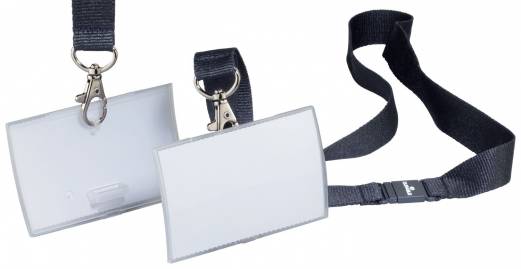 Navneskilt click fold rpp 54x90, halssnor Letvægts konveks foldbart navneskilt med unik klikmekanisme, med et halssnor med sikkerhedslås. Størrelse 54x90 mm. 10 stk. pr. æske.