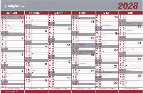 Kontorkalender Dobbelt halv&aring;rskalender 2028