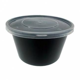 Plastbakke Catersource 450 ml rund Ø100x60 mm 16 oz med løst låg PP Sort/Klar