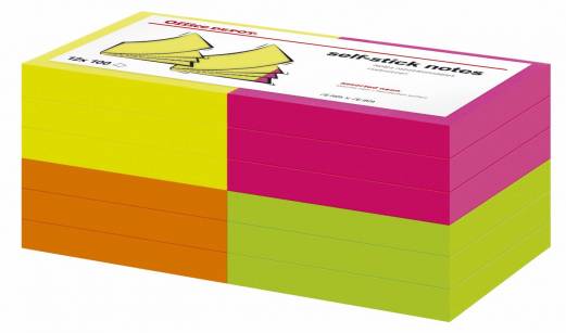 Notes Office DEPOT neon 76x76 3x4 farver 12blk/100bl/pak