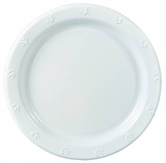 Plasttallerken 23cm lux hvid PS m/myrter p&aring; kant 1000stk/kar