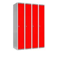 Garderobeskab SMG 4x300mm med lige tag, røde døre og greb for hængelås