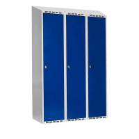Garderobeskab SMG 3x400mm med skråt tag, blå døre og greb for hængelås