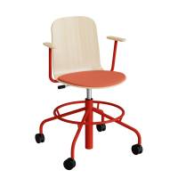 Stol ADD 5903, Fodkryds, hjul og armlæn, Hvidpigmenteret eg laminat, Sæde rødt tekstil, Rødt stel
