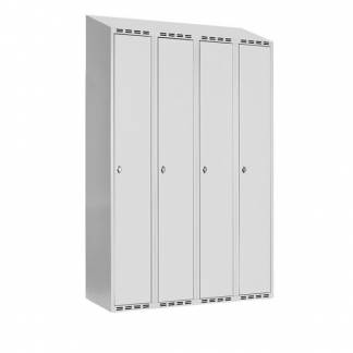 Garderobeskab SMG 4x300mm med skråt tag, lys grå døre og greb for hængelås