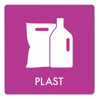 Skilt affaldspiktogram PLAST 12x12 cm, aluminium, lilla/hvid