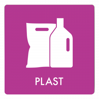 Skilt affaldspiktogram PLAST 12x12 cm, aluminium, lilla/hvid