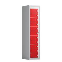 T&oslash;judleveringsskab 1x11 rum med lige tag og r&oslash;de d&oslash;re med greb f/h&aelig;ngel&aring;s