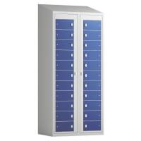 T&oslash;judleveringsskab 2x11 rum med skr&aring;t tag og bl&aring; d&oslash;re med greb f/h&aelig;ngel&aring;s