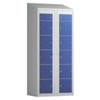 Tøjudleveringsskab 2x6 rum med skråt tag og blå døre med cylinderlås