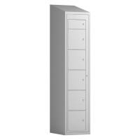 Tøjudleveringsskab 1x6 rum med skråt tag og lys grå døre med cylinderlås