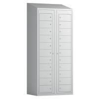 Tøjudleveringsskab 2x11 rum med skråt tag og lys grå døre med cylinderlås