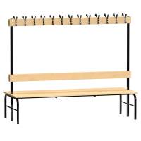 Garderobestativ Dobbeltsidet, sort stel og bænksæde i fyr, bredde 2000 mm