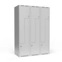 Garderobeskab 3x400 mm lige tag, 2-delt s&oslash;jle Lys gr&aring; Z-d&oslash;r m/greb for h&aelig;ngel&aring;s