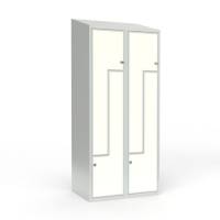 Skoleskab 2x400 Skr&aring;t tag, Z-d&oslash;r Hvid laminatd&oslash;r Greb for h&aelig;ngel&aring;s