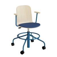 Stol ADD 5903, Fodkryds, hjul og arml&aelig;n, Hvidpigmenteret eg laminat, S&aelig;de bl&aring;t tekstil, Bl&aring;t stel