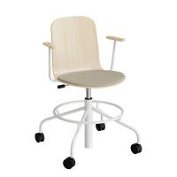 Stol ADD 5903, Fodkryds, hjul og armlæn, Hvidpigmenteret eg laminat, Sæde med beige tekstil, Hvidt stel