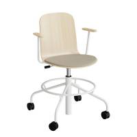 Stol ADD 5903, Fodkryds, hjul og arml&aelig;n, Birk laminat, S&aelig;de med beige tekstil, Hvidt stel
