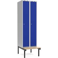 Garderobeskab 2x300mm m/lige tag, bl&aring; d&oslash;r med cylinderl&aring;s og siddeb&aelig;nk